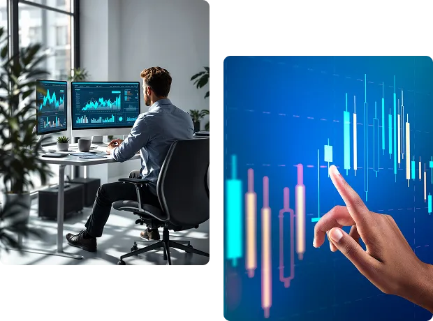 A trader at a desk of market screens, and a hand on a rising price chart